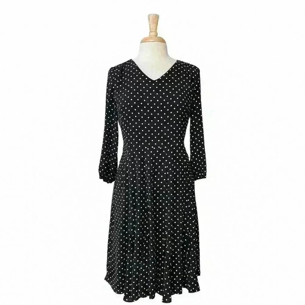 Talbots Dress Size 6P Women's Black Feminine Polka Dotted A-Line Longsleeve‎